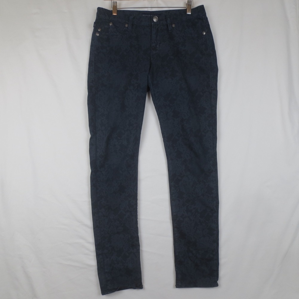 Rock & Republic Jeans Womens 6 Navy Blue Berlin Floral Lace Print Skinny Denim